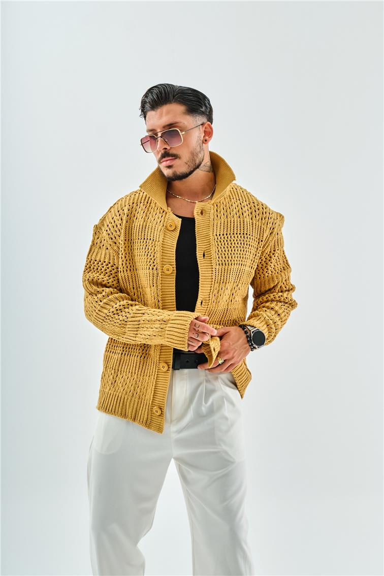 El Örgüsü Oversize Hırka Hardal