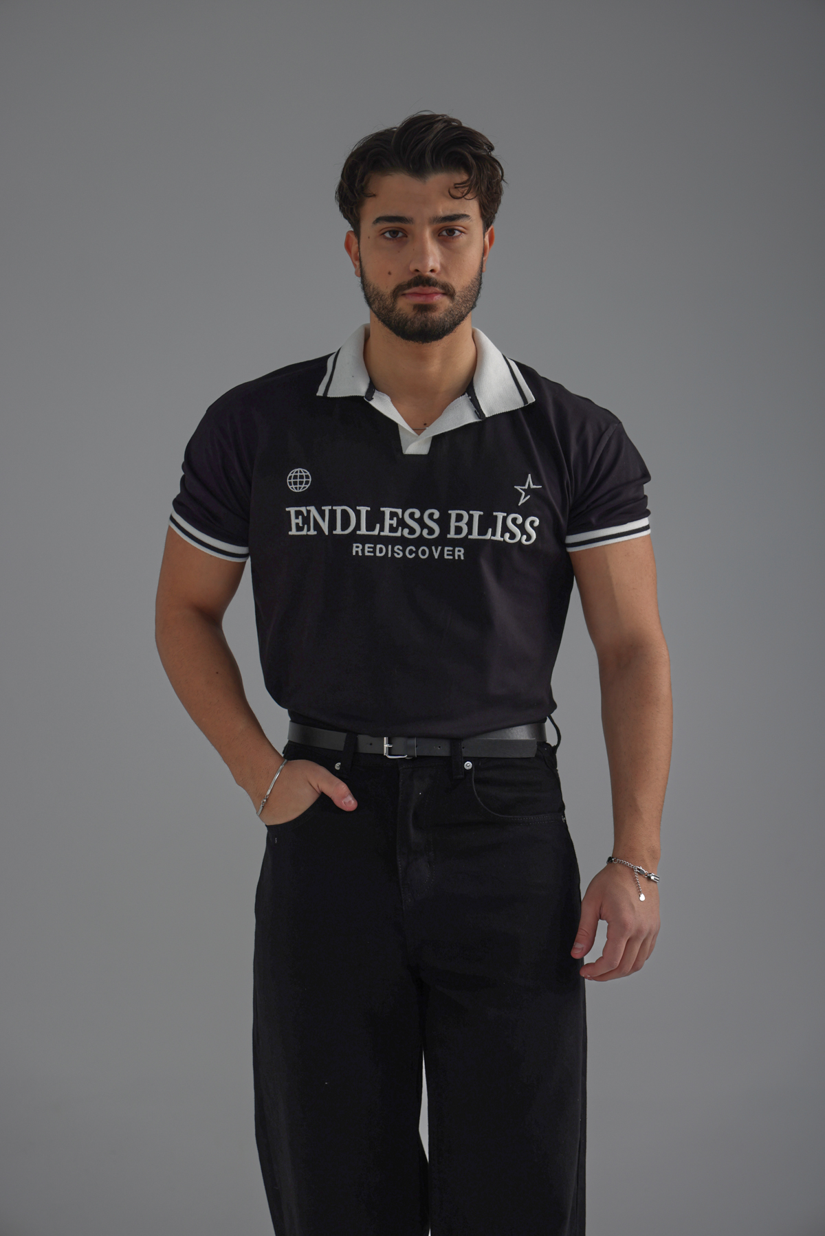 ENDLESS Baskılı Polo Yaka Tshirt Siyah