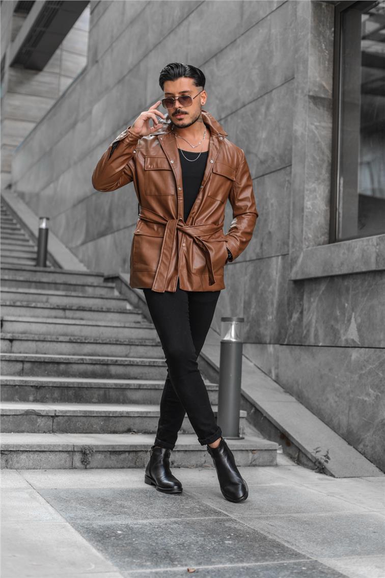 Erkek Vintage Kemerli Deri Ceket Kahve
