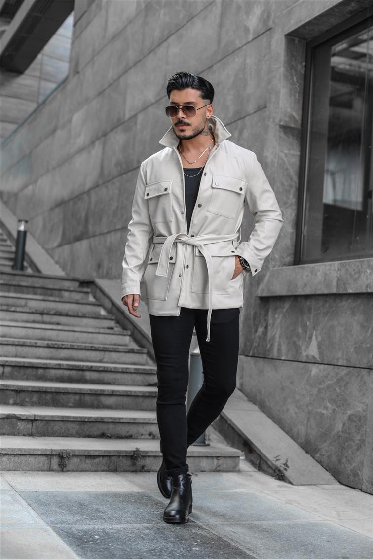 Erkek Vintage Kemerli Deri Ceket Krem