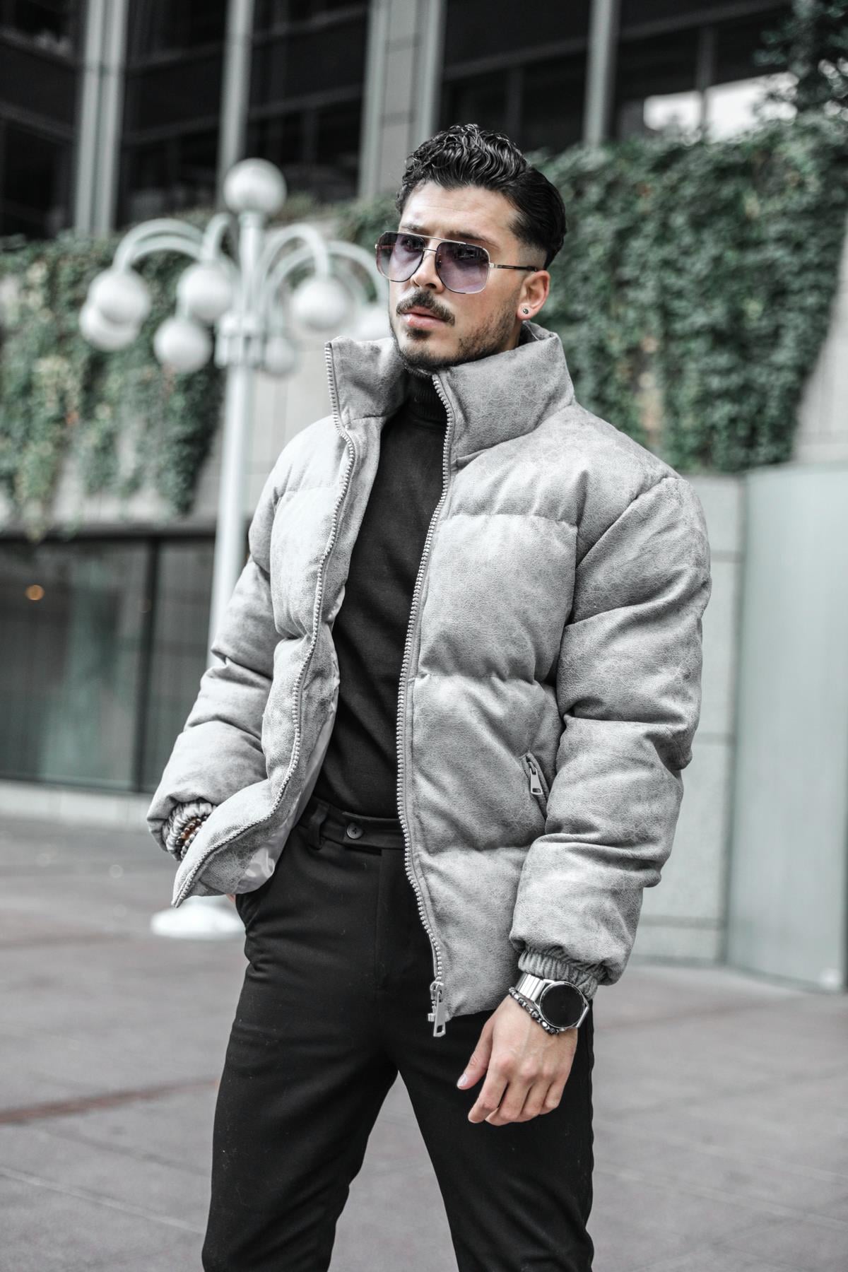 Eskitme Detaylı Şişme Mont Gri