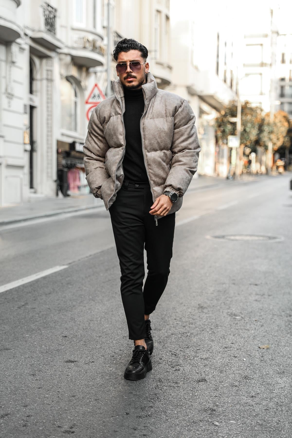 Eskitme Detaylı Şişme Mont Kurşun