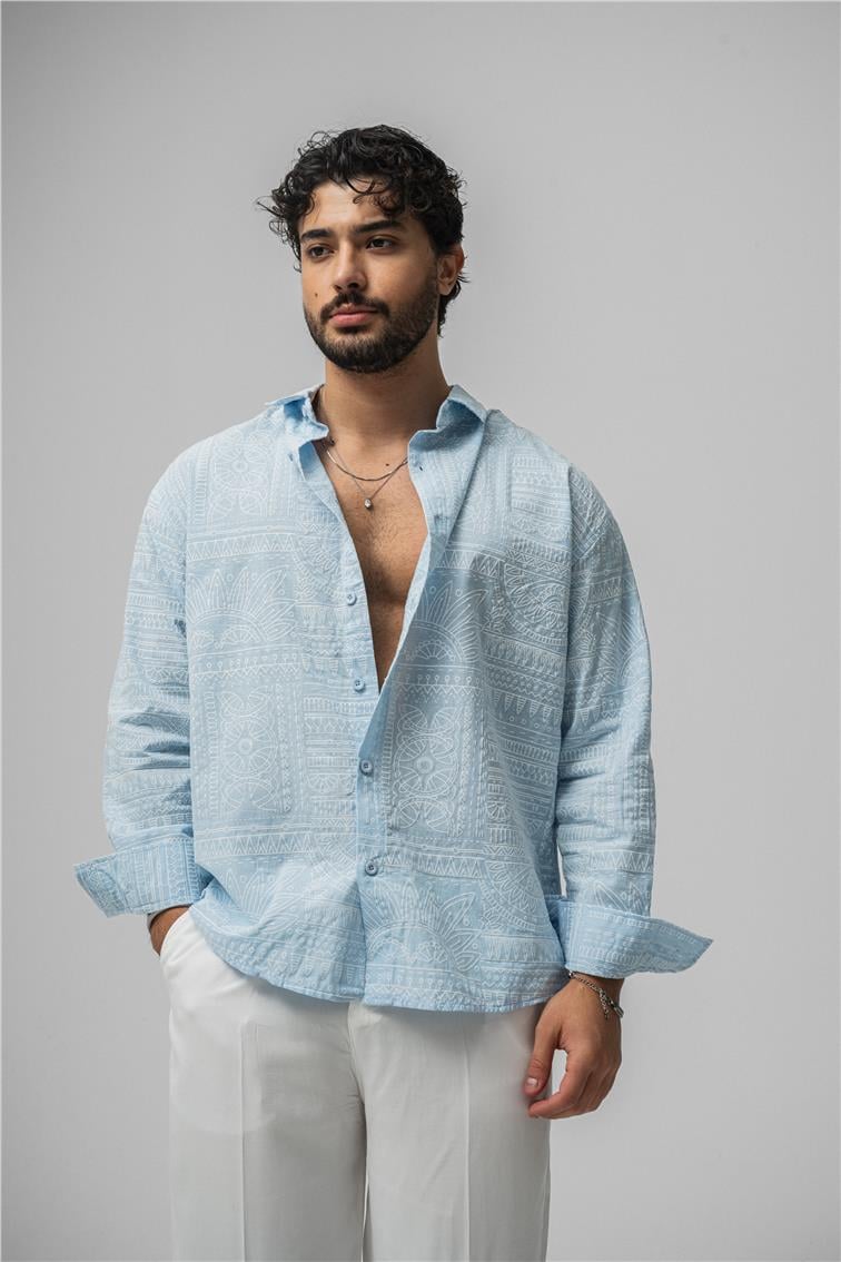 Etnik Desen Keten Oversize Gömlek Açık Mavi
