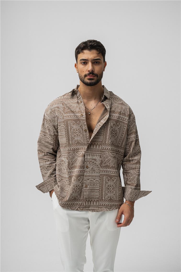 Etnik Desen Keten Oversize Gömlek Kahve