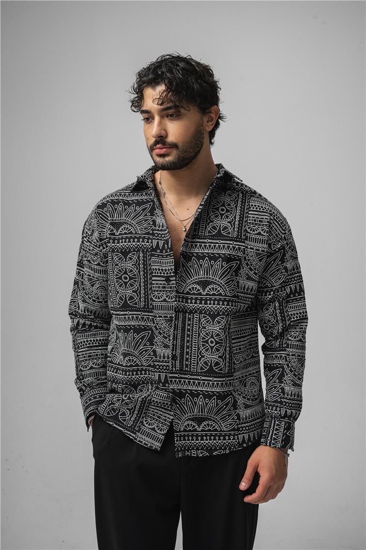Etnik Desen Keten Oversize Gömlek Siyah