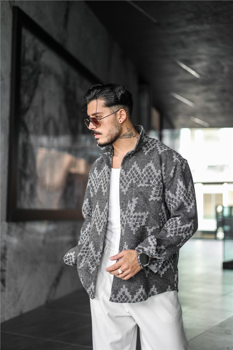 Etnik Desen Oversize Oduncu Gömlek Antrasit