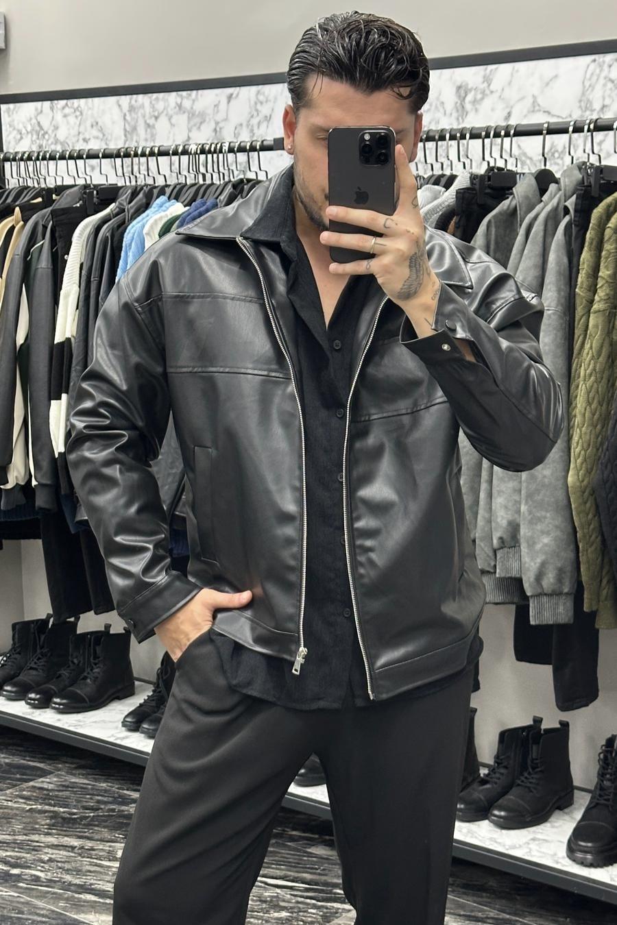 Fermuarlı Basic Bol Deri Ceket Siyah