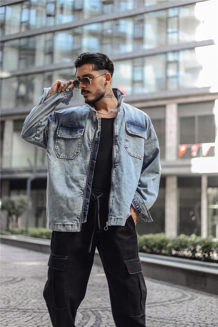 Fermuarlı Denim Ceket Yıkamalı Mavi