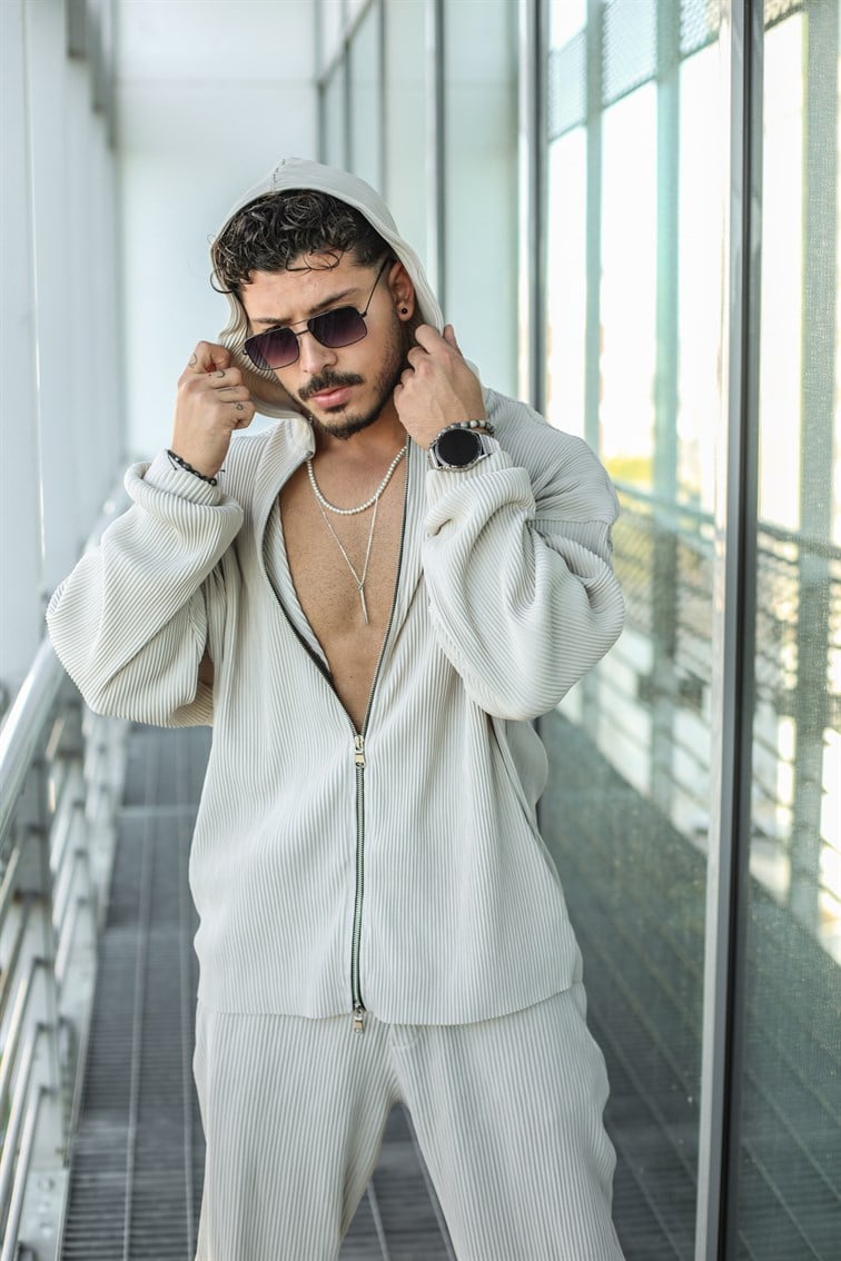 Fermuarlı Kapüşonlu Fitilli Hırka