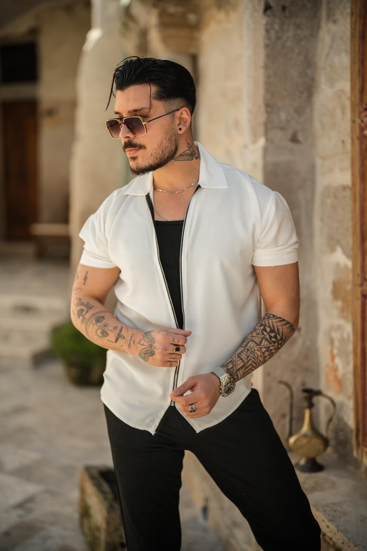 Fermuarlı Kısa Kol Oversize Gömlek Beyaz