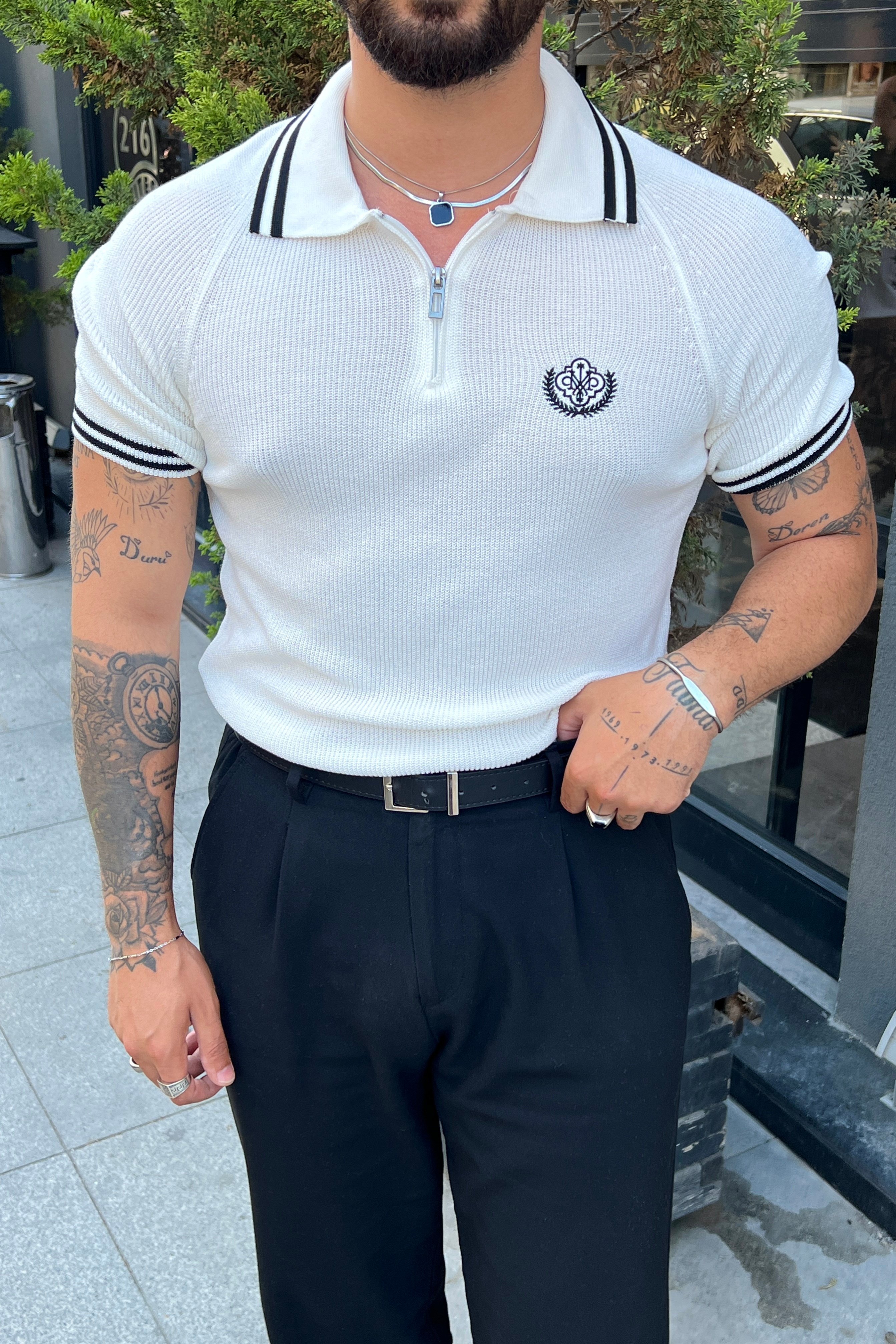 Fermuarlı Polo Nakışlı Triko Tshirt Beyaz