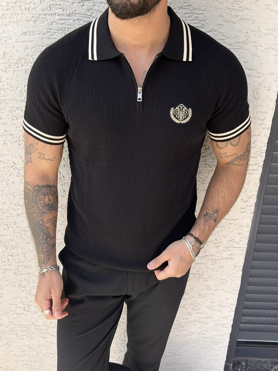 Fermuarlı Polo Nakışlı Triko Tshirt Siyah