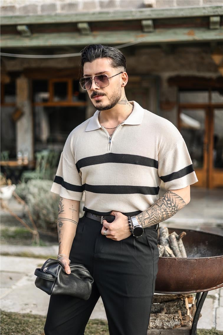 Fermuarlı Renk Geçişli Örme Triko Bej