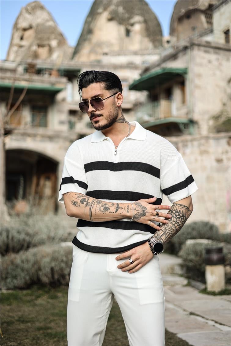 Fermuarlı Renk Geçişli Örme Triko Beyaz