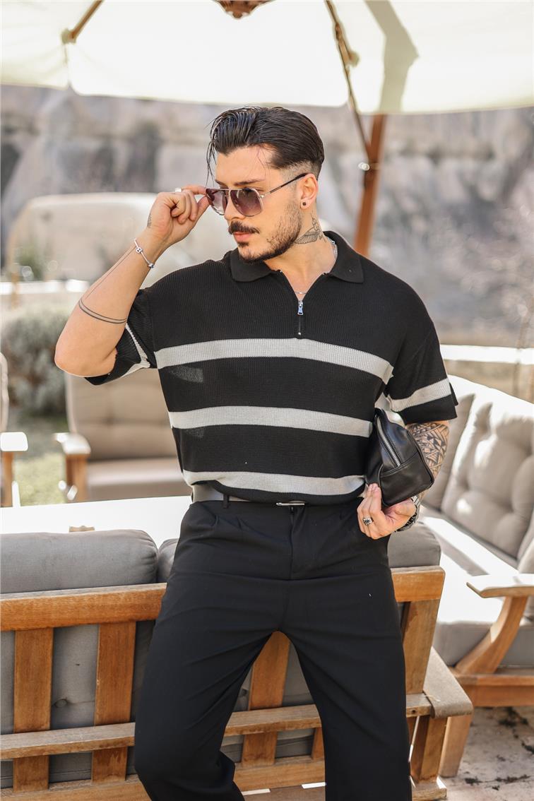 Fermuarlı Renk Geçişli Örme Triko Siyah