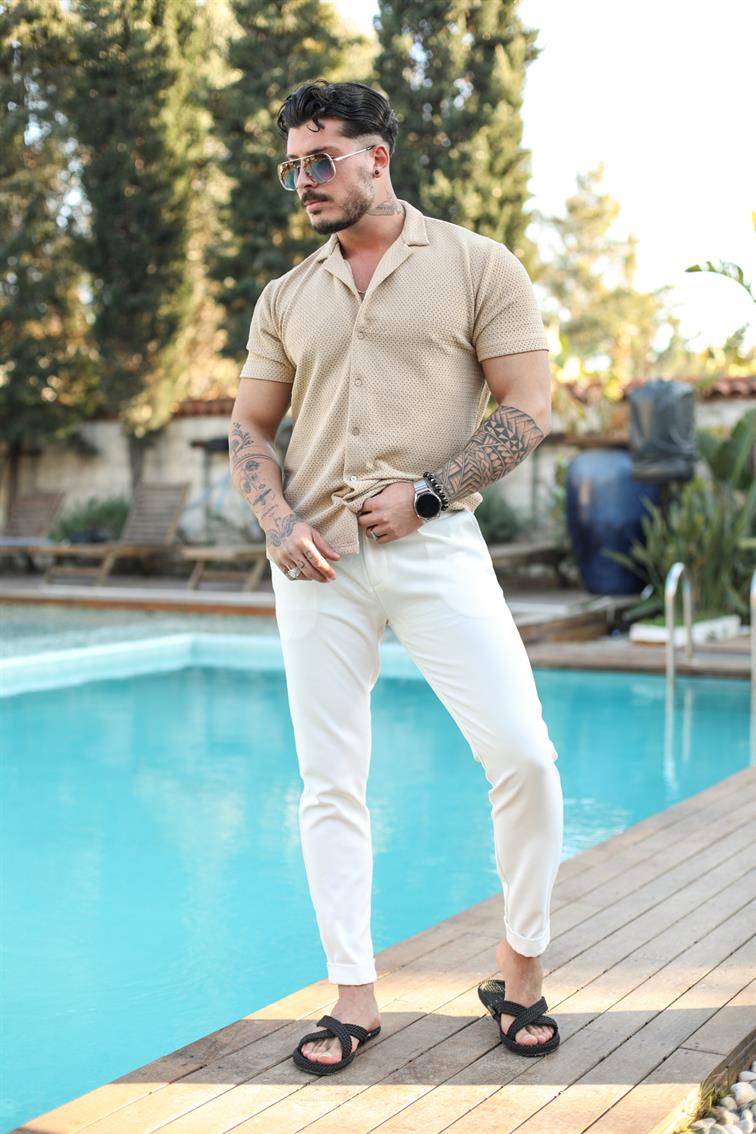 File Detaylı Kısa Kol Slim Fit Gömlek Camel