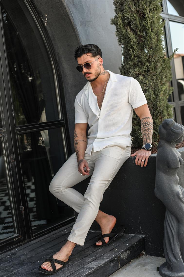 File Detaylı Kısa Kol Slim Fit Gömlek Beyaz