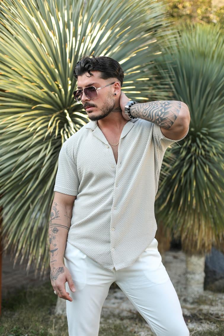 File Detaylı Kısa Kol Slim Fit Gömlek Gri