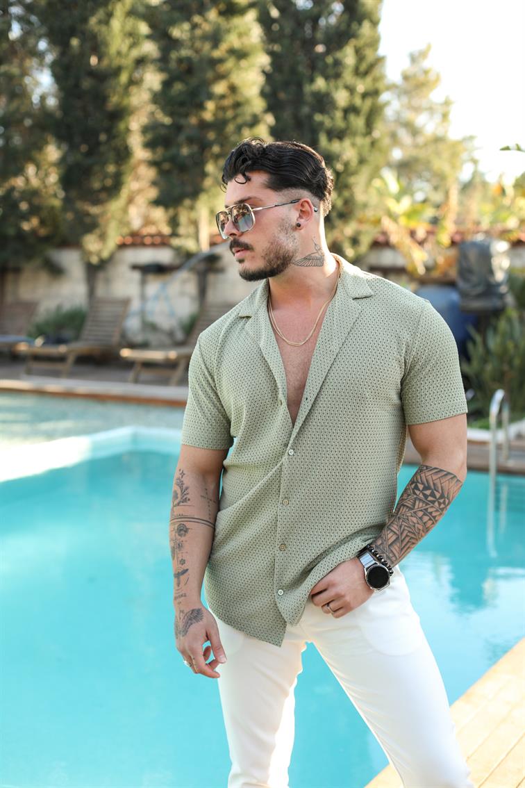 File Detaylı Kısa Kol Slim Fit Gömlek Mint