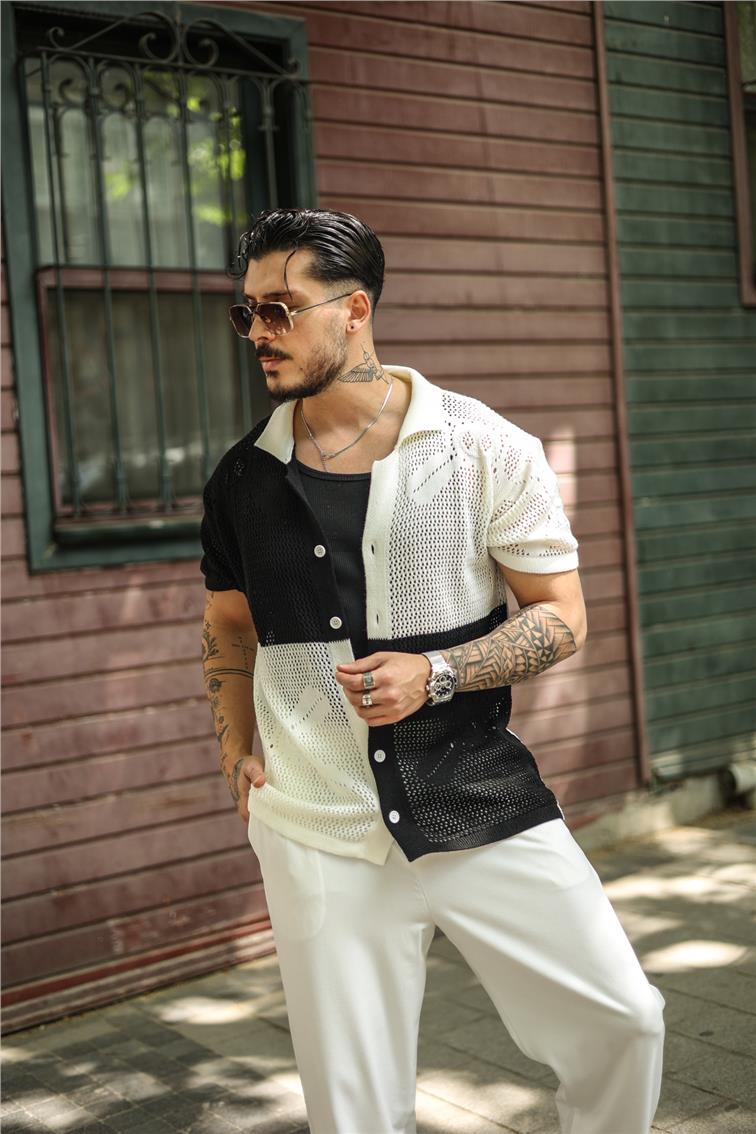 Fileli İki Renk Oversize Gömlek Siyah