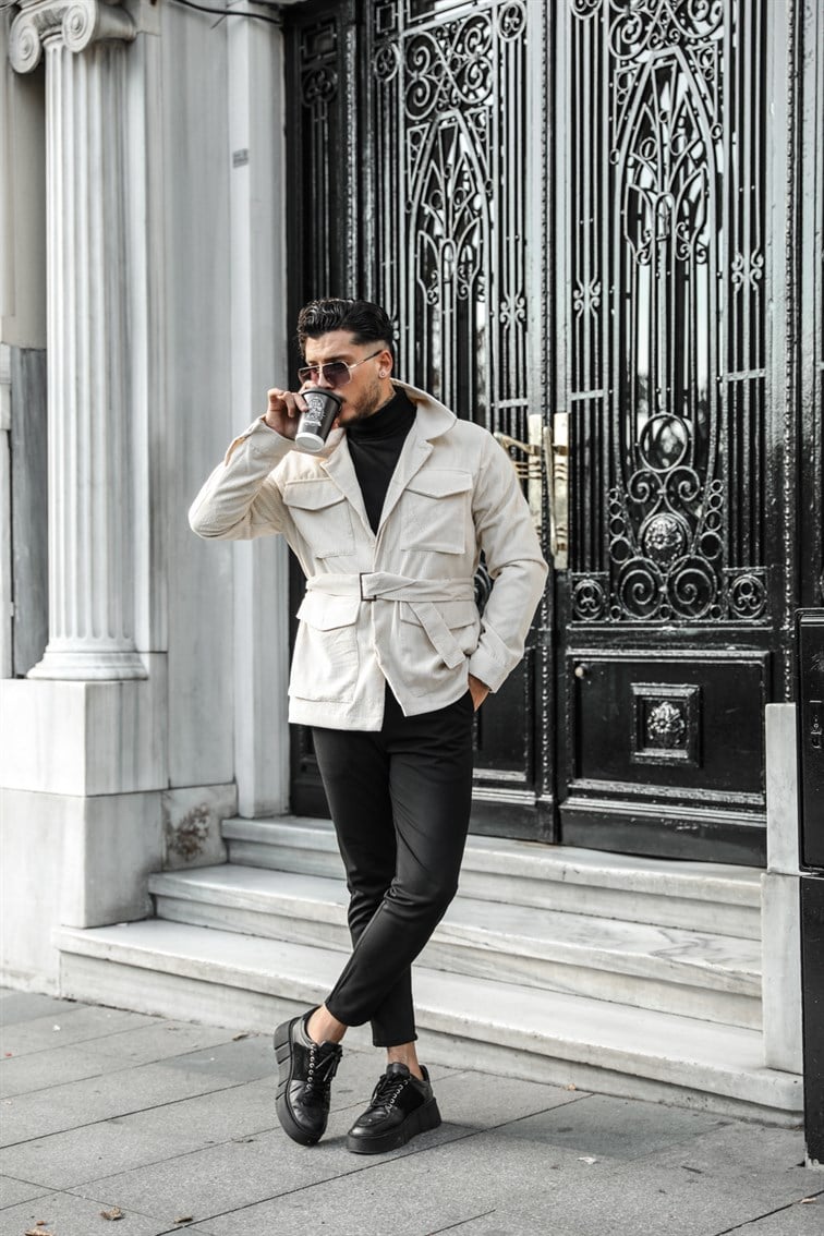 Fitilli Button Detay Kuşaklı Ceket / Mont