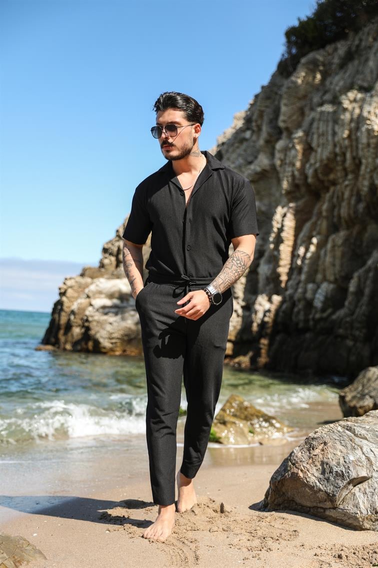 Fitilli Detay Basic Kısa Kol Gömlek Siyah