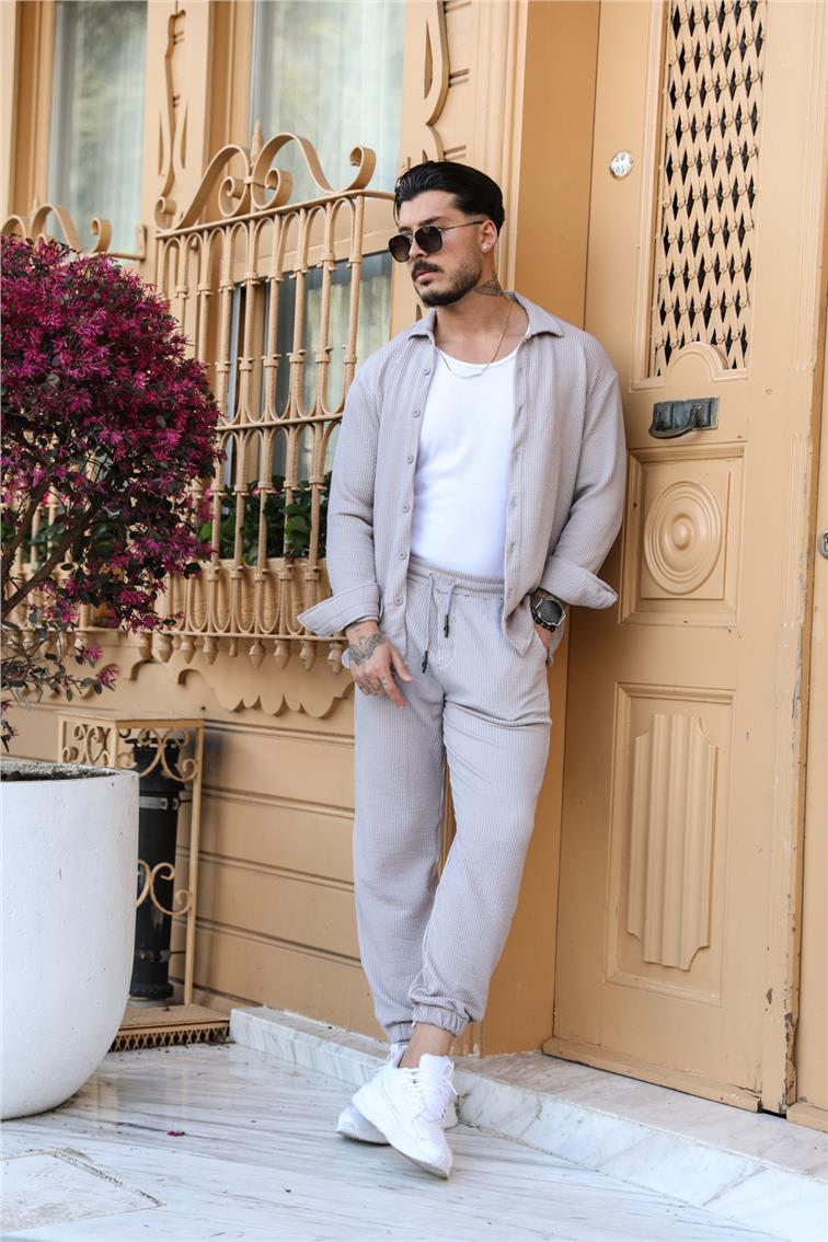 Fitilli Kabartmalı Oversize Gömlek Gri