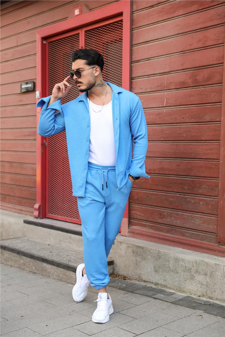 Fitilli Kabartmalı Oversize Gömlek Mavi