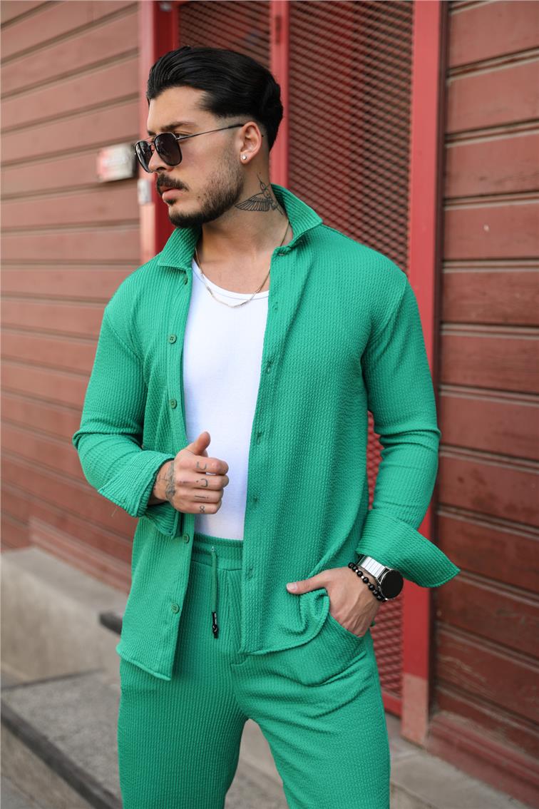 Fitilli Kabartmalı Oversize Gömlek Yeşil
