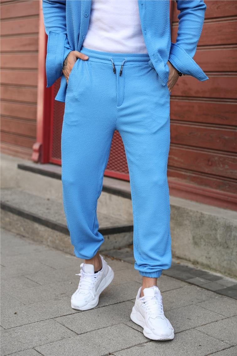 Fitilli Kabartmalı Paçası Lastikli Jogger Mavi