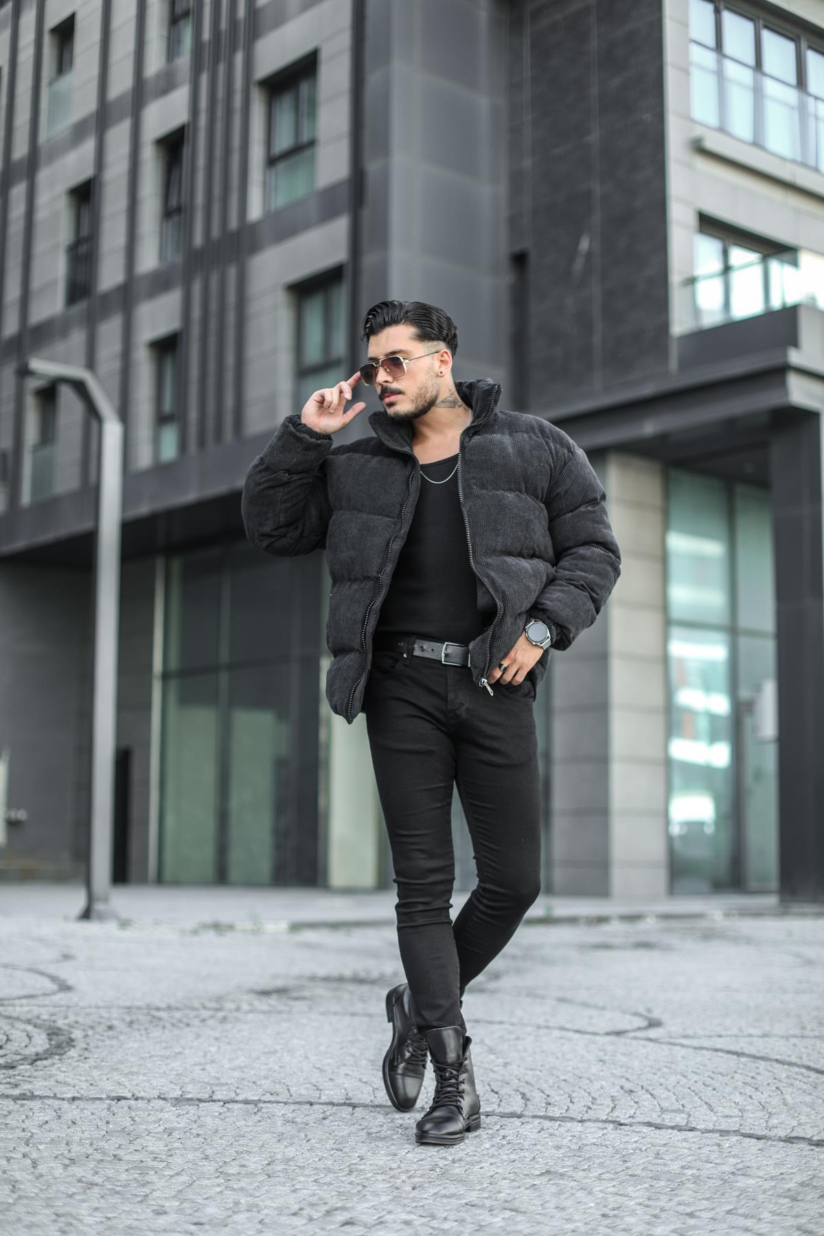 Fitilli Kadife Şişme Mont Siyah