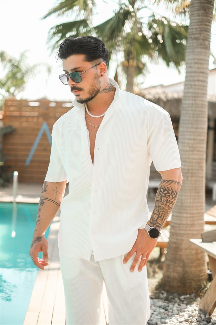 Fitilli Kısa Kol Oversize Gömlek Beyaz