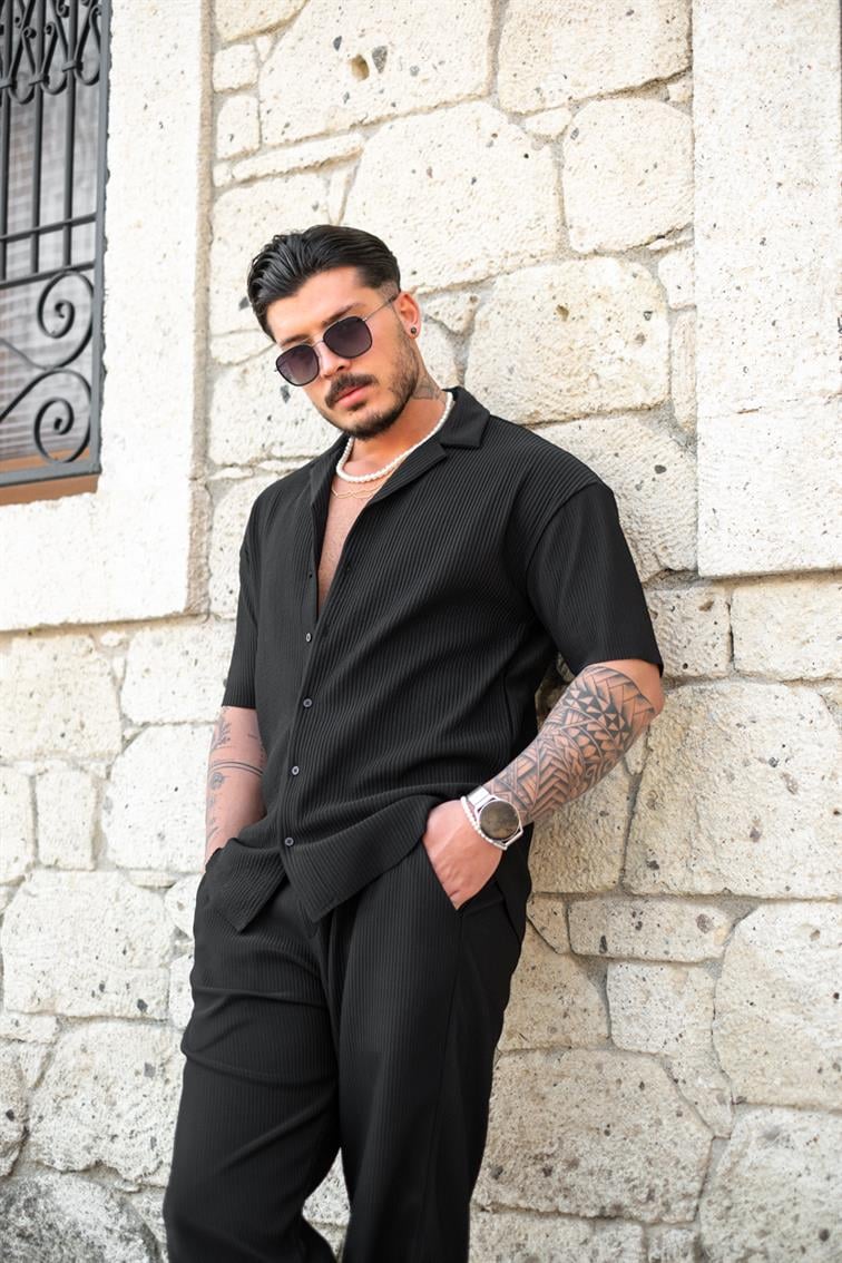 Fitilli Kısa Kol Oversize Gömlek Siyah
