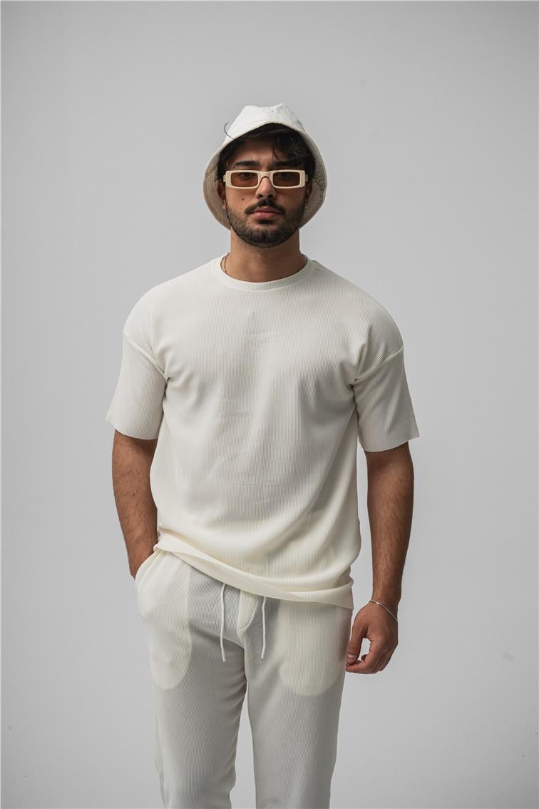 Fitilli Oversize T-Shirt Beyaz