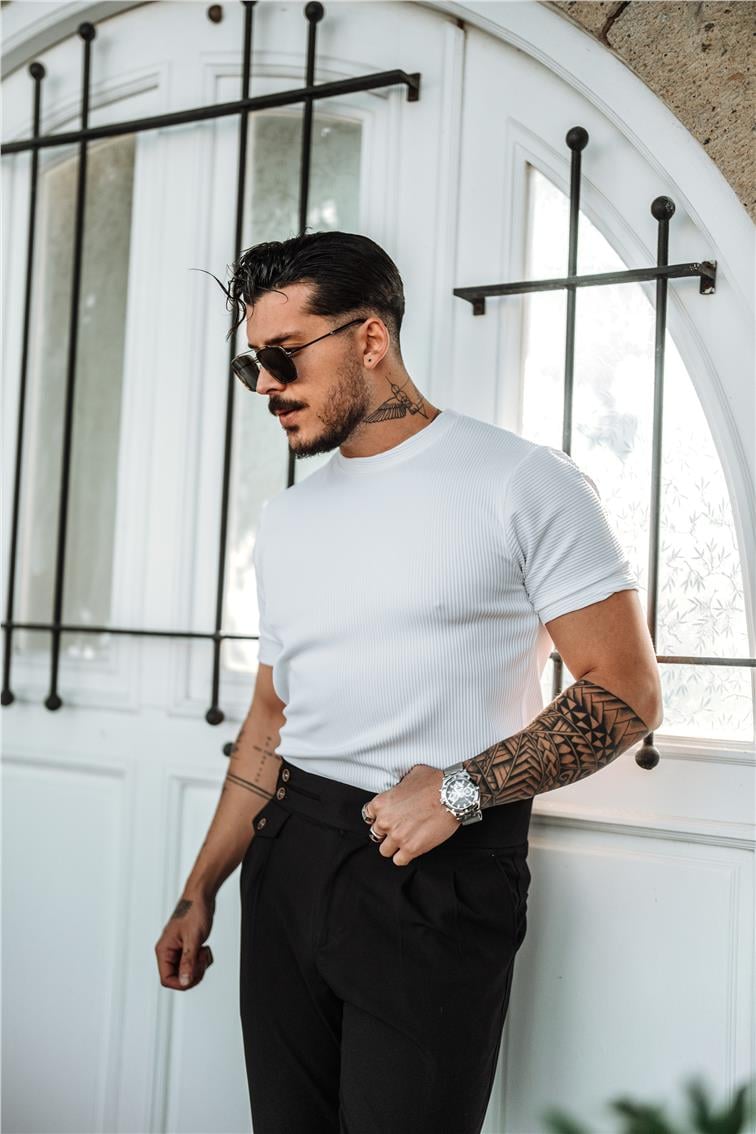 Fitilli Slim Fit T-Shirt Beyaz
