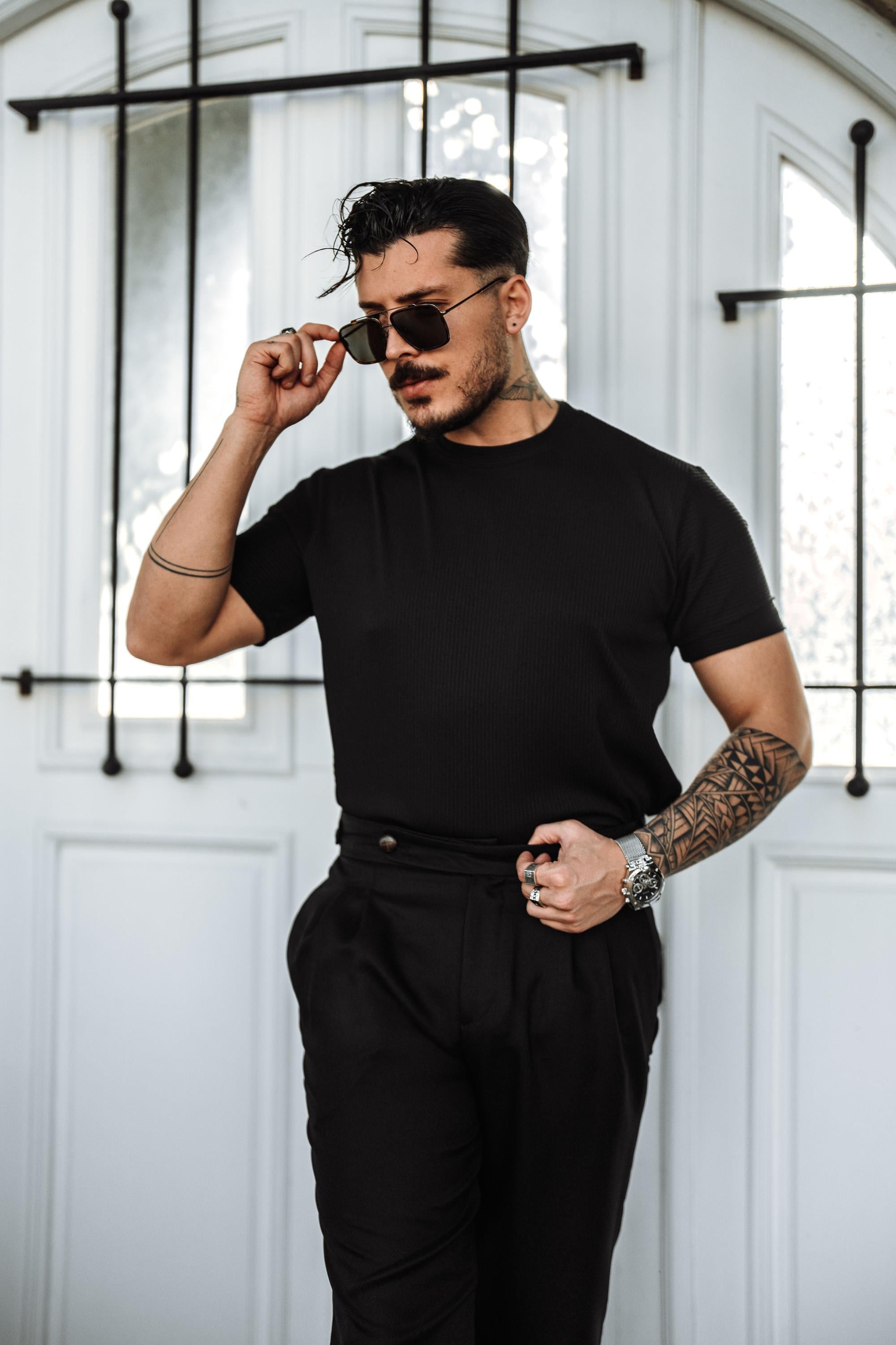Fitilli Slim Fit T-Shirt Siyah