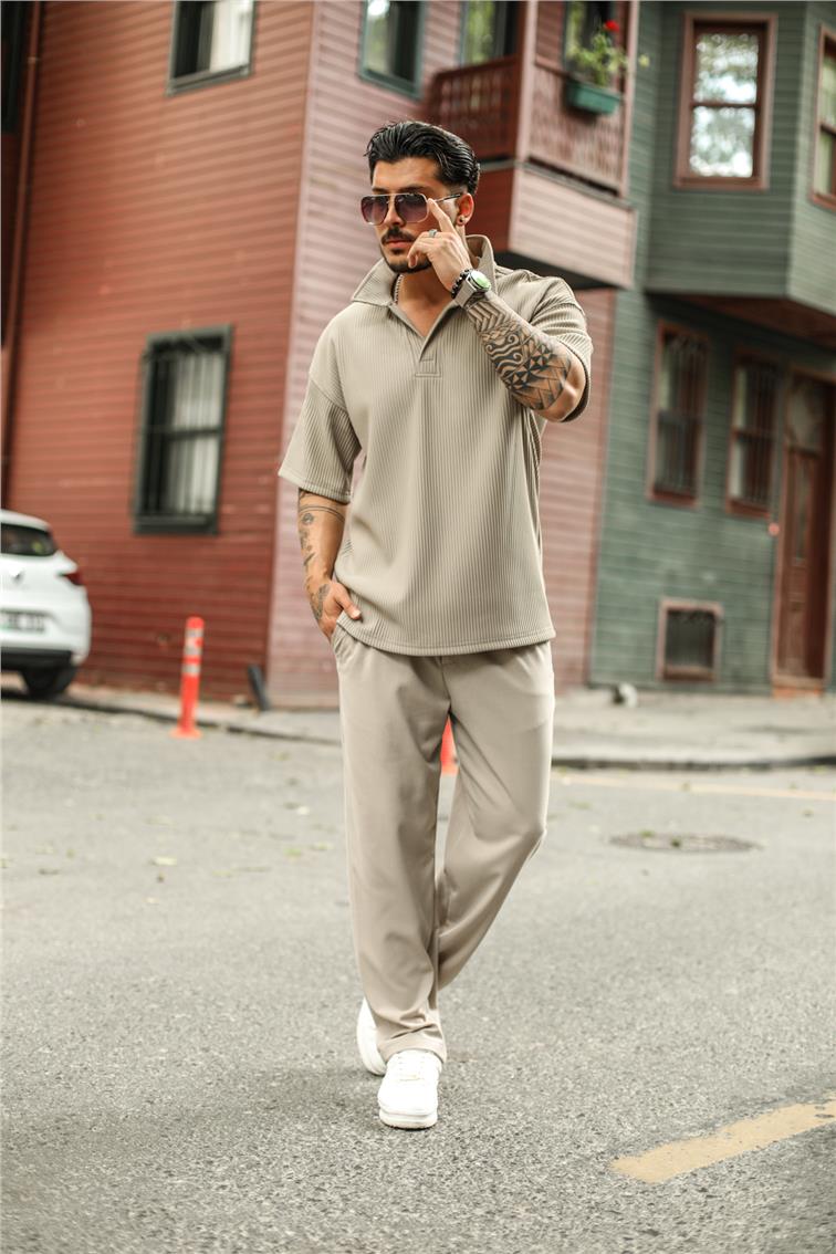 Fitilli Yarasa Yaka Oversize T-Shirt Bej