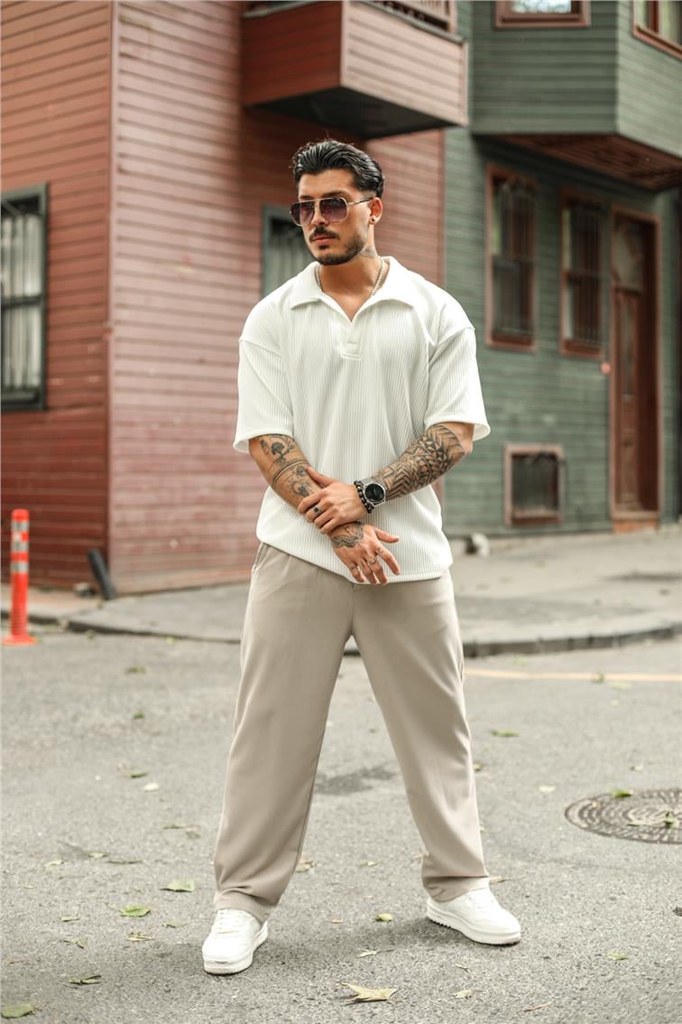 Fitilli Yarasa Yaka Oversize T-Shirt Beyaz