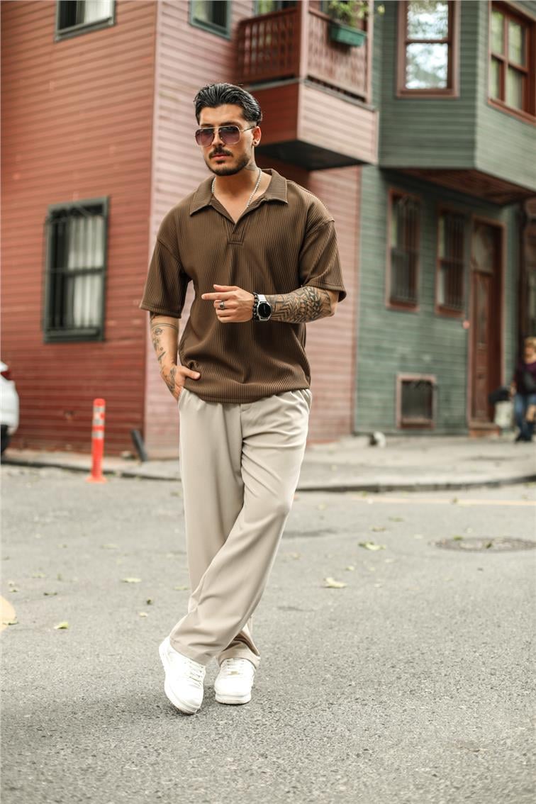 Fitilli Yarasa Yaka Oversize T-Shirt Kahve