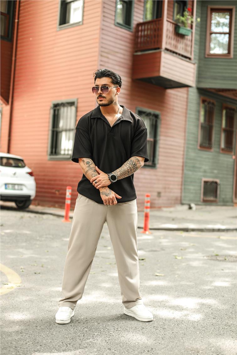 Fitilli Yarasa Yaka Oversize T-Shirt Siyah