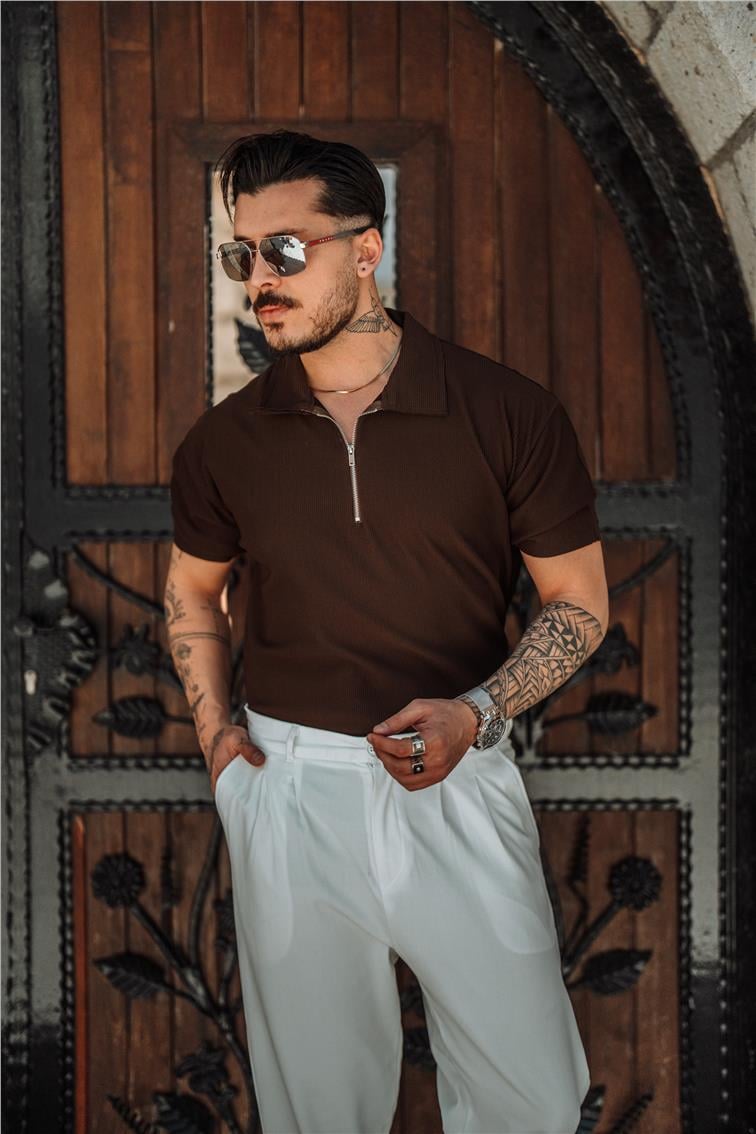 Fitilli Yarım Fermuarlı T-Shirt Acı Kahve