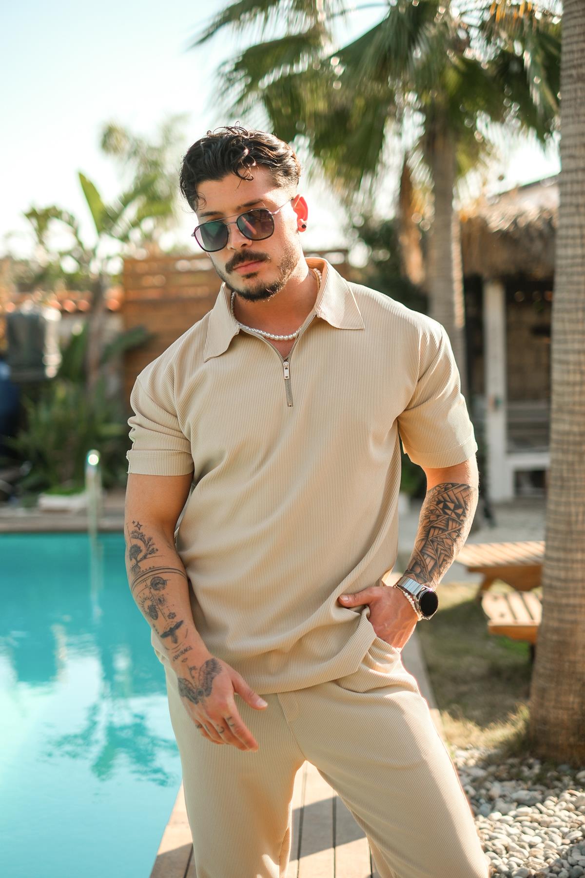 Fitilli Yarım Fermuarlı T-Shirt Bej