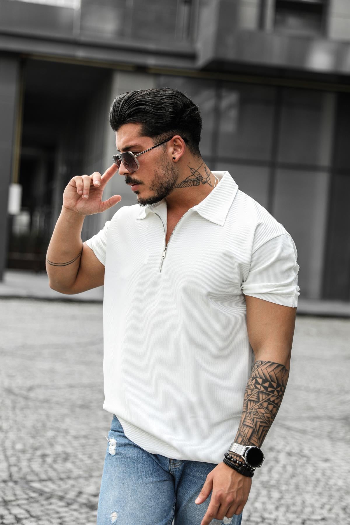 Fitilli Yarım Fermuarlı T-Shirt Beyaz