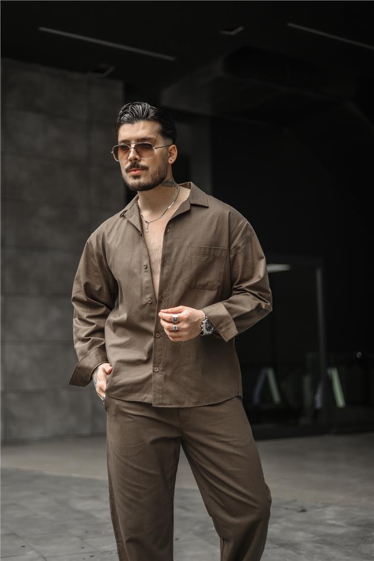 Gabardin Oversize Gömlek Kahve