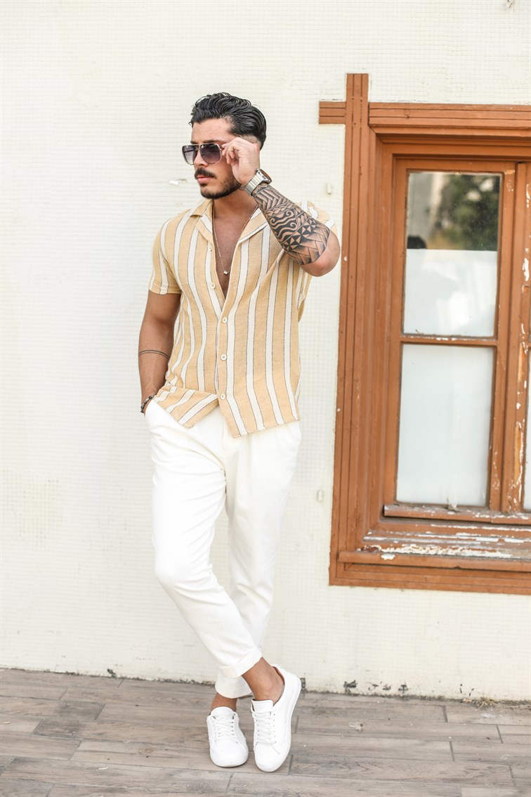 Geniş Çizgili Örme Kısa Kol Gömlek