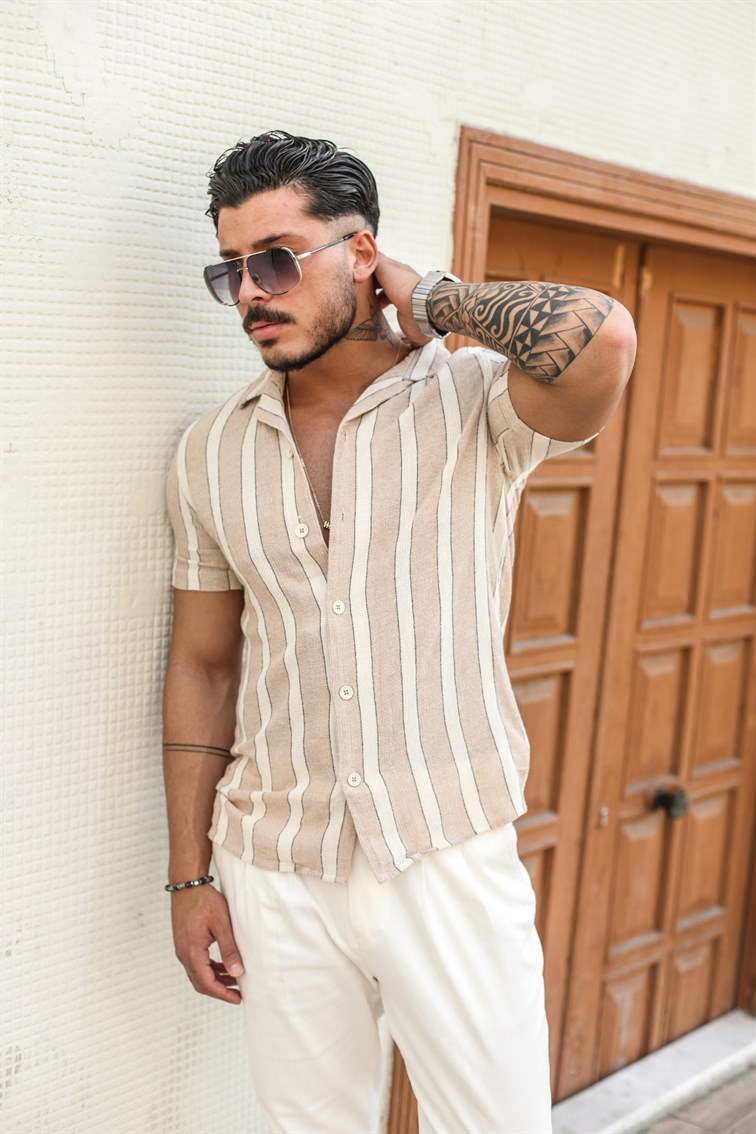 Geniş Çizgili Örme Kısa Kol Gömlek