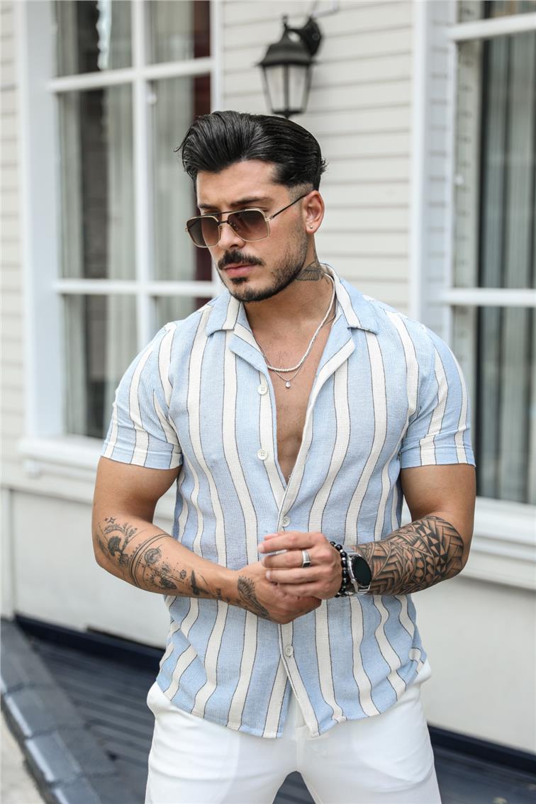 Geniş Çizgili Örme Kısa Kol Gömlek Mavi