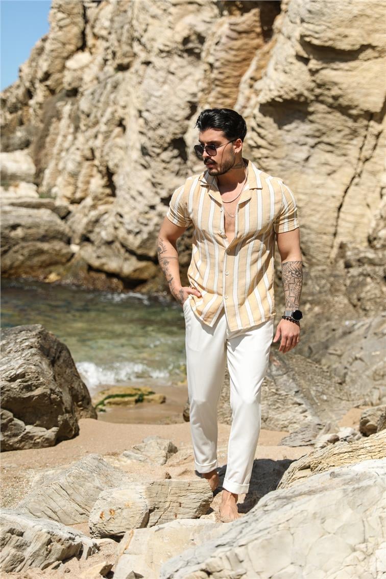 Geniş Çizgili Örme Kısa Kol Gömlek Sarı