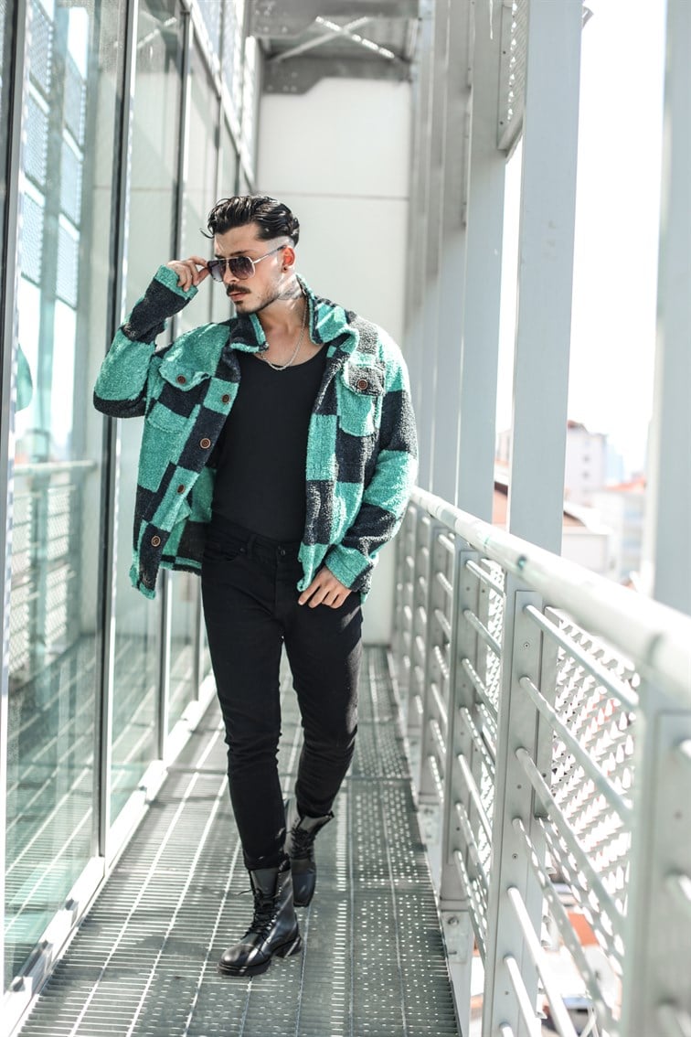 Geniş Kareli Peluş Oversize Gömlek / Ceket