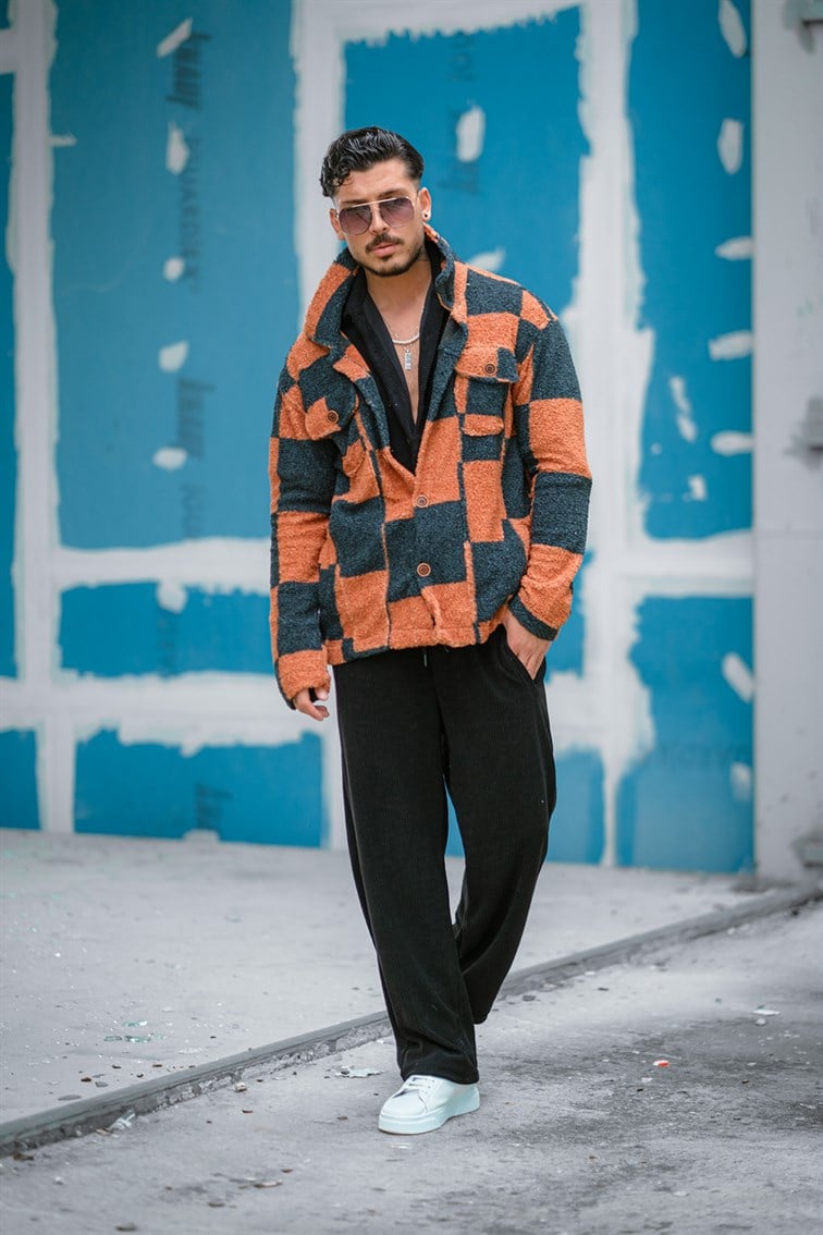 Geniş Kareli Peluş Oversize Gömlek / Ceket